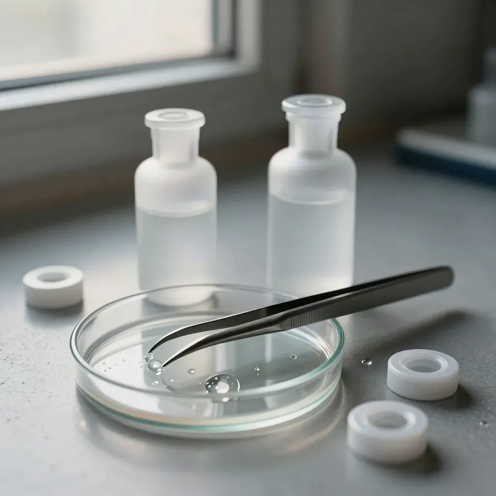 Frosted lab vials, tweezers, and a sealed Petri dish on cool concrete in clinical light.