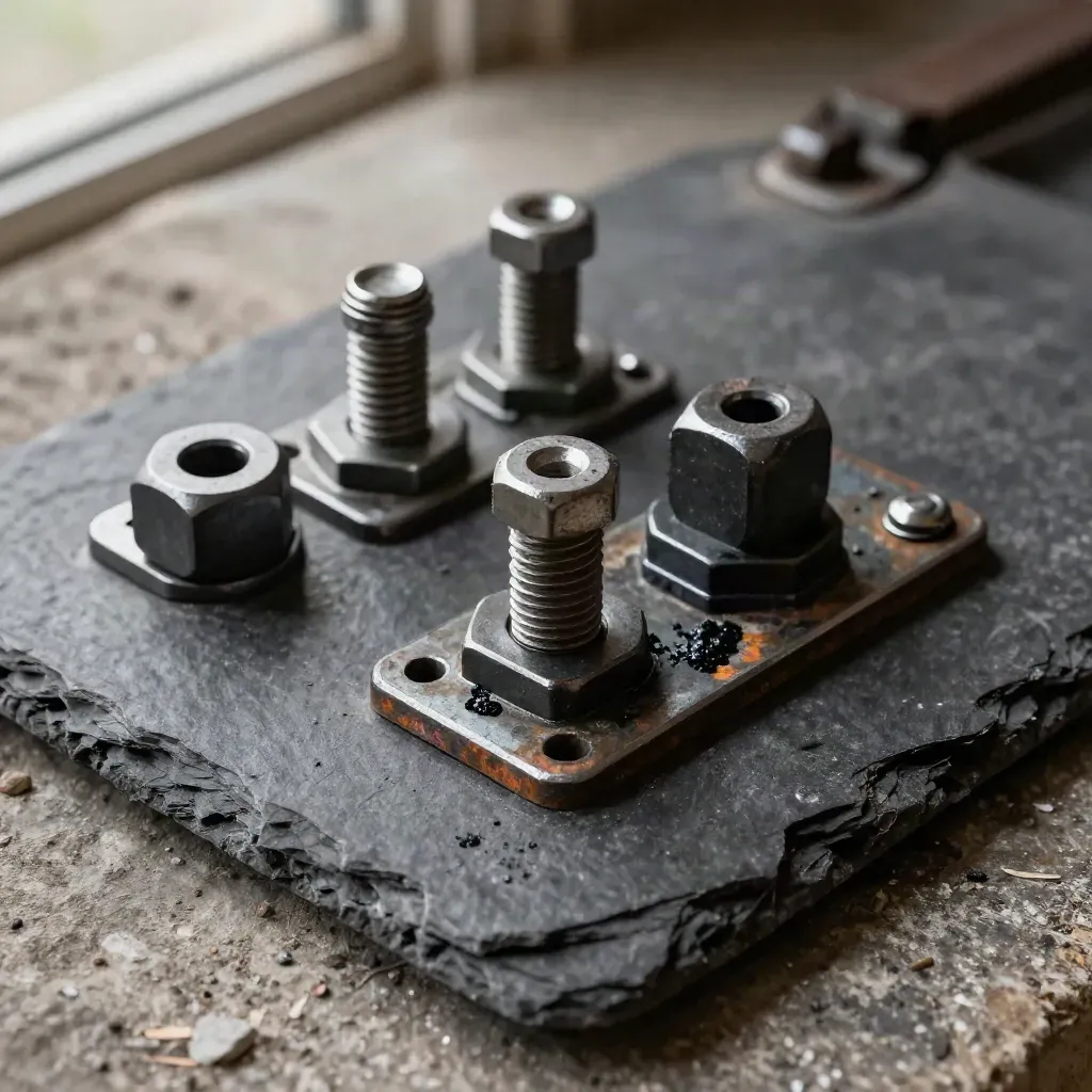 Rail clips, bolts and a junction plate on dark slate in dramatic macro light.