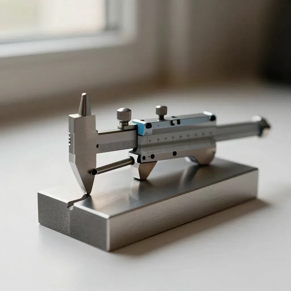 Micrometer, calibration block, and inspection tool on brushed metal under dramatic studio light.