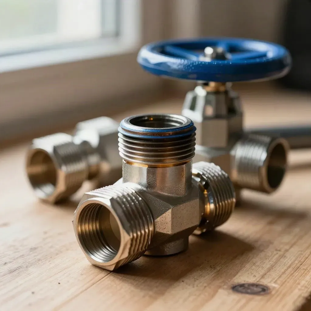 Macro still life of hose couplings, valve wheel and braided steel fittings on pale wood