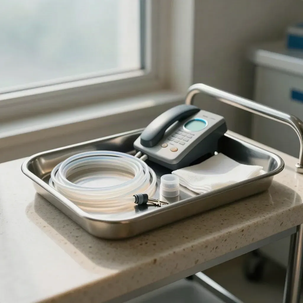 Stainless medical tray with tubing and ward call unit on travertine in moody hospital light