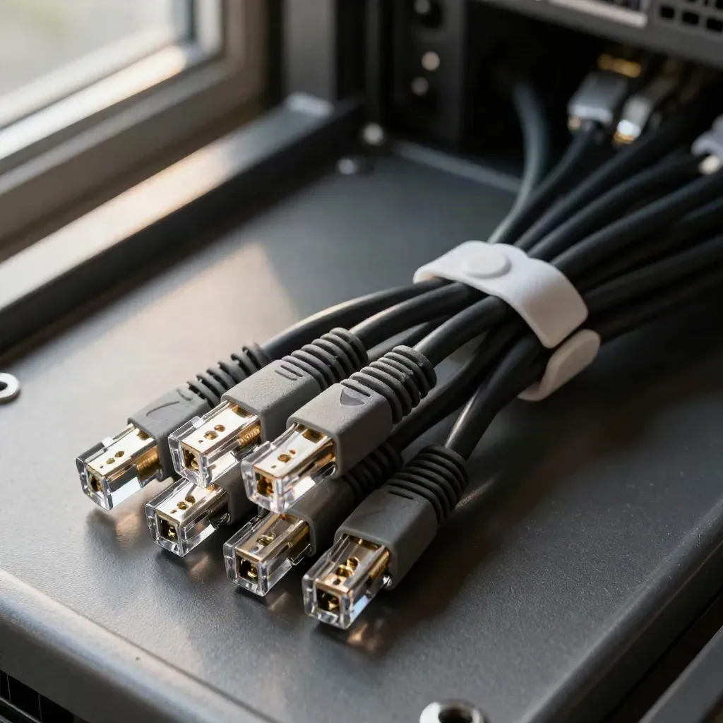 Top-down macro of patch cables, rack screws and cable clips on graphite.