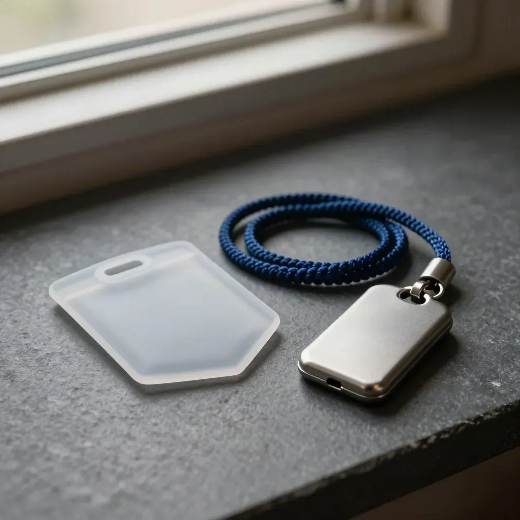 Badge sleeve, coiled lanyard and access-token case on graphite stone, lit in soft studio haze.