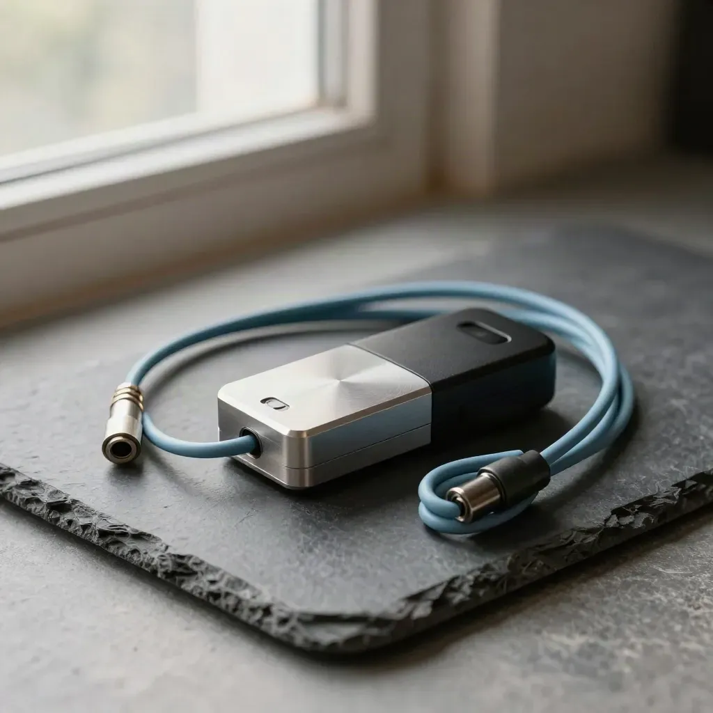 Power meter, data logger and sensor lead on graphite stone under soft daylight