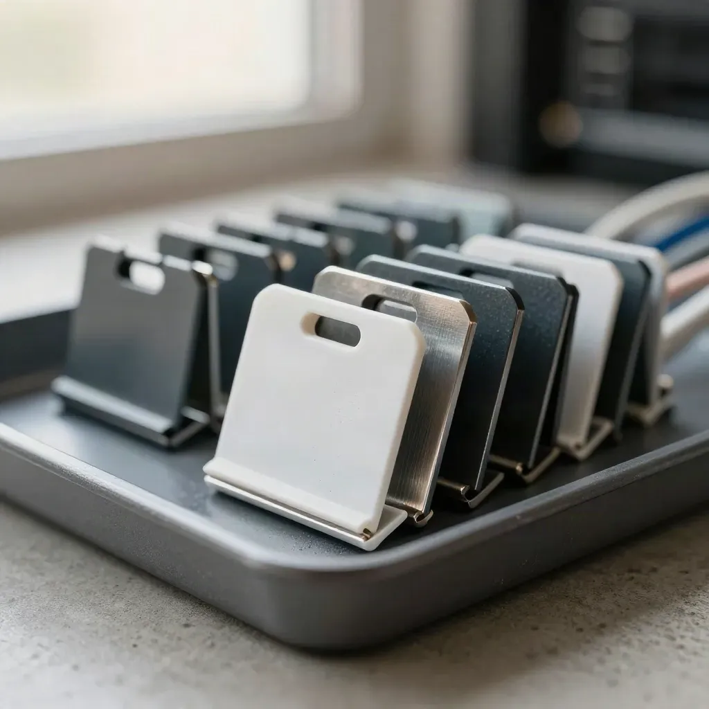 Macro still life of routing clips, cable tags and a punch-down tool on graphite metal.
