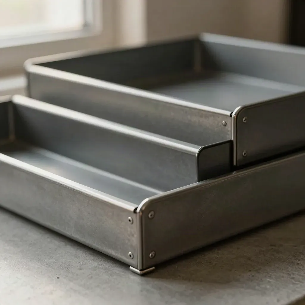 Graphite modular file trays and metal dividers arranged for shared team workspaces