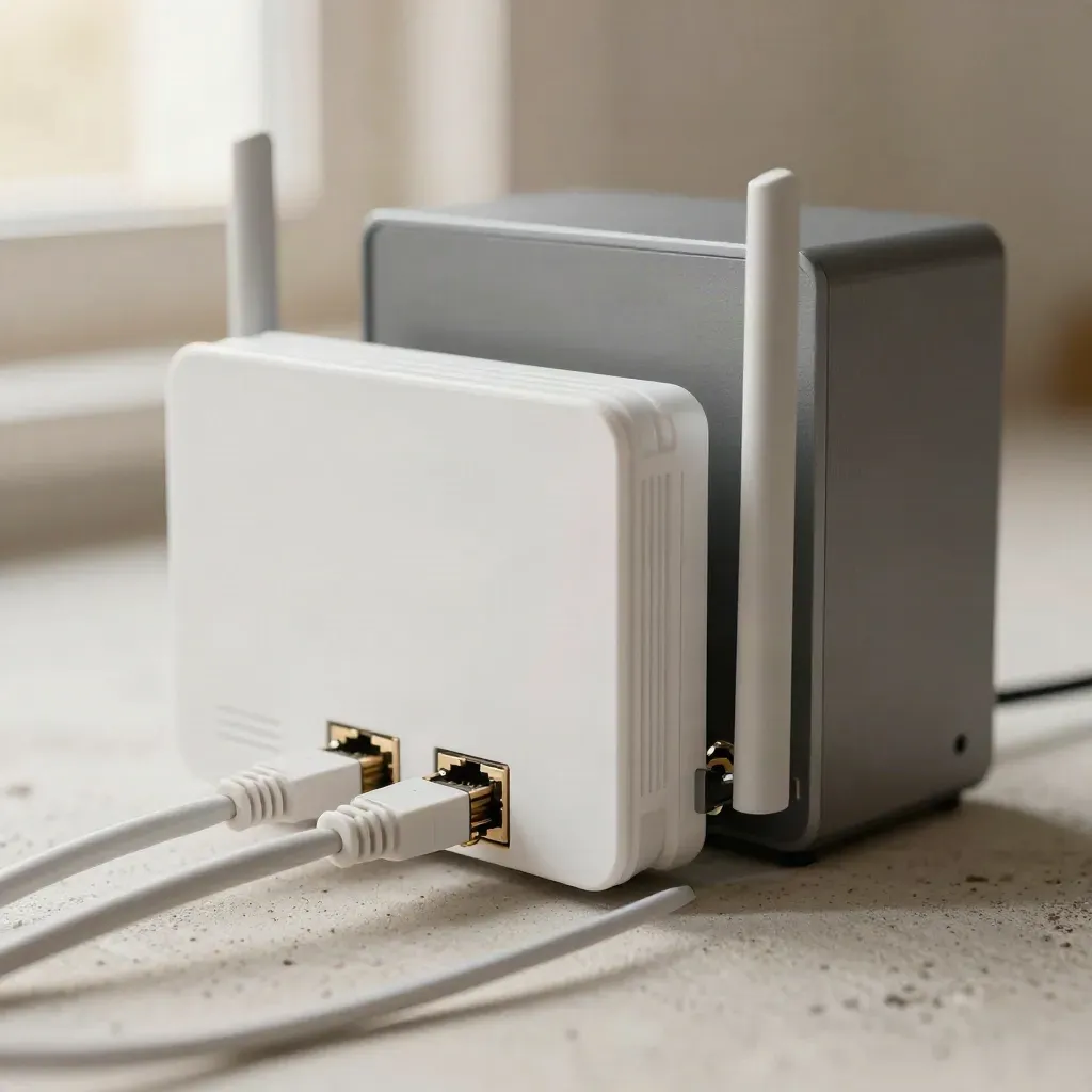 Macro router, NAS and ethernet leads on pale concrete with a blurred foreground cable