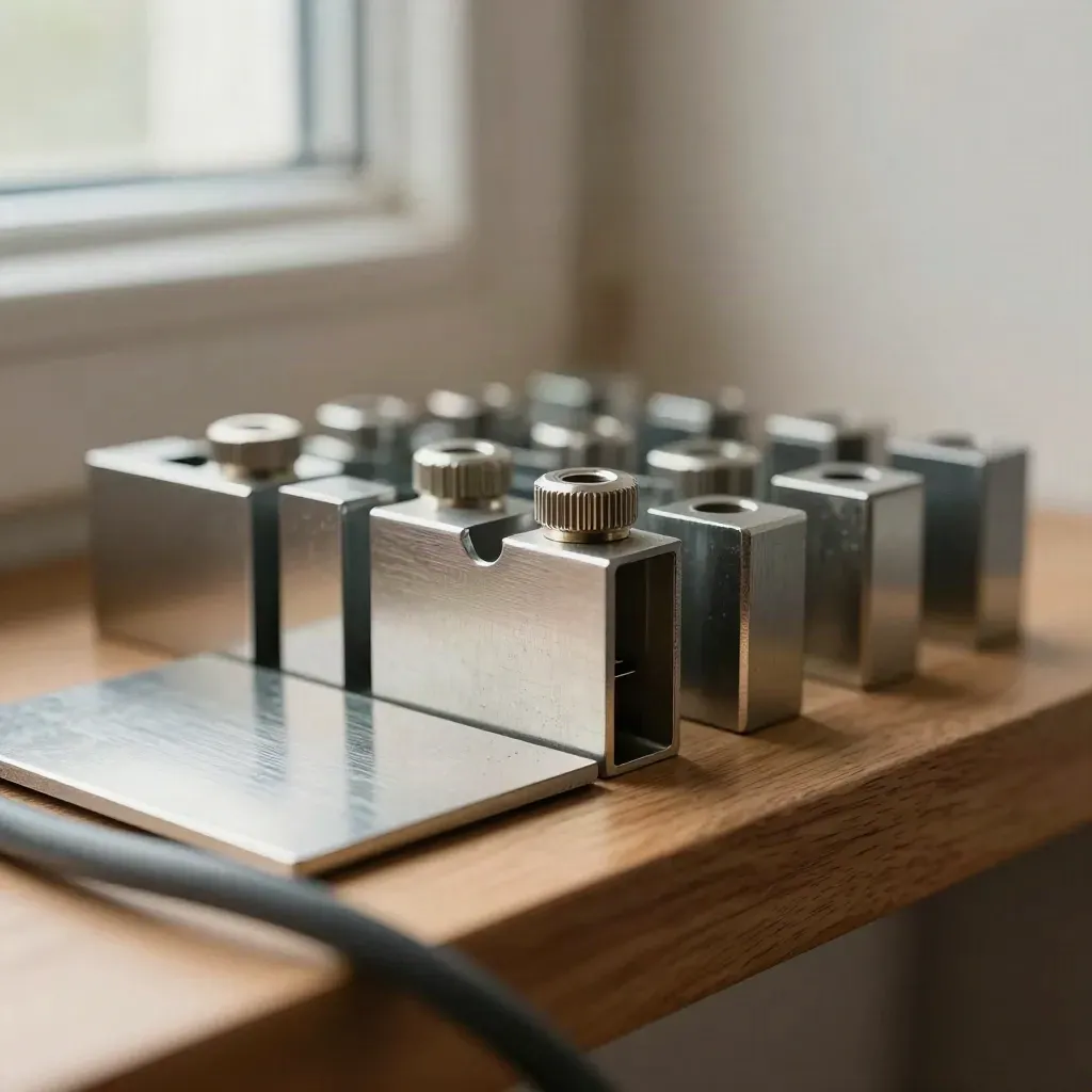 Rack blanks and connector blocks on honey oak, seen past a blurred cable loom.
