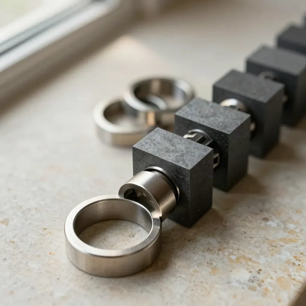 Macro still life of machined metal rings and modular blocks linked on a pale stone surface.