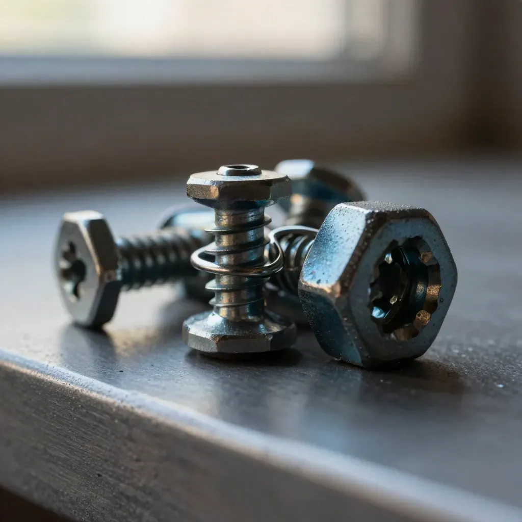 Macro of blackened fasteners and a folded metal clip on a graphite steel surface