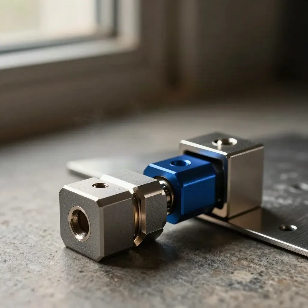 Machined connectors and stepped aluminum blocks on a limestone surface.