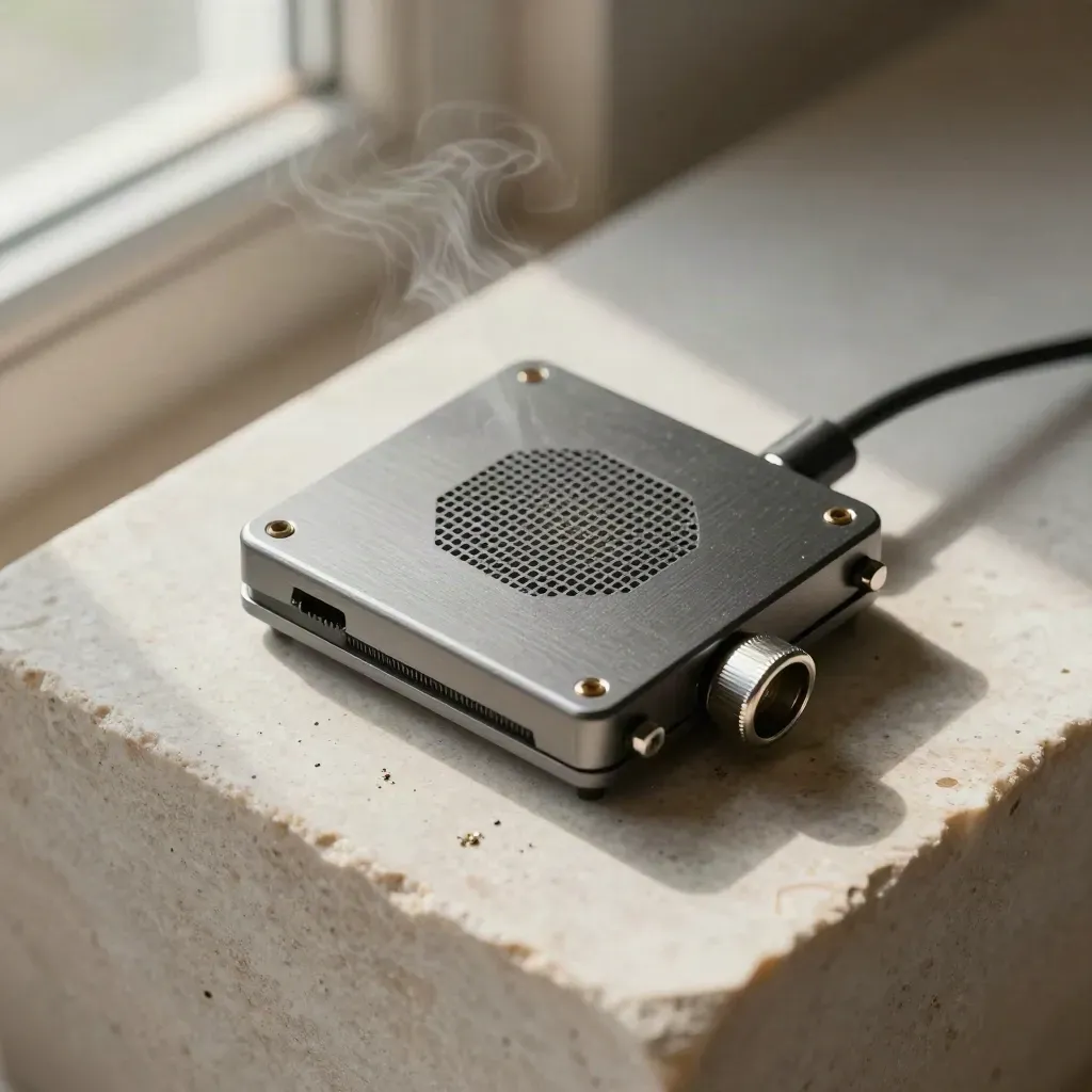 Top-down still life of sensor module, vent mesh, and cable coupler on pale stone.