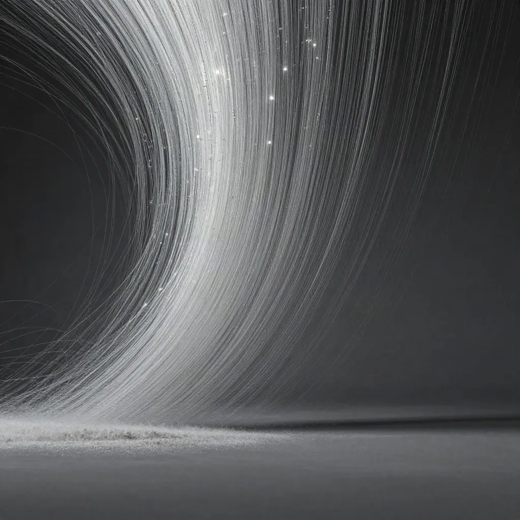 Silver light filaments converge into a soft white bloom in dark graphite haze with calm copy space.